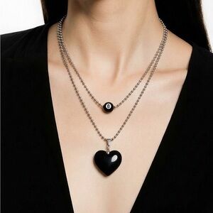 2 pieces Black Heart and 8 Ball Necklace Set